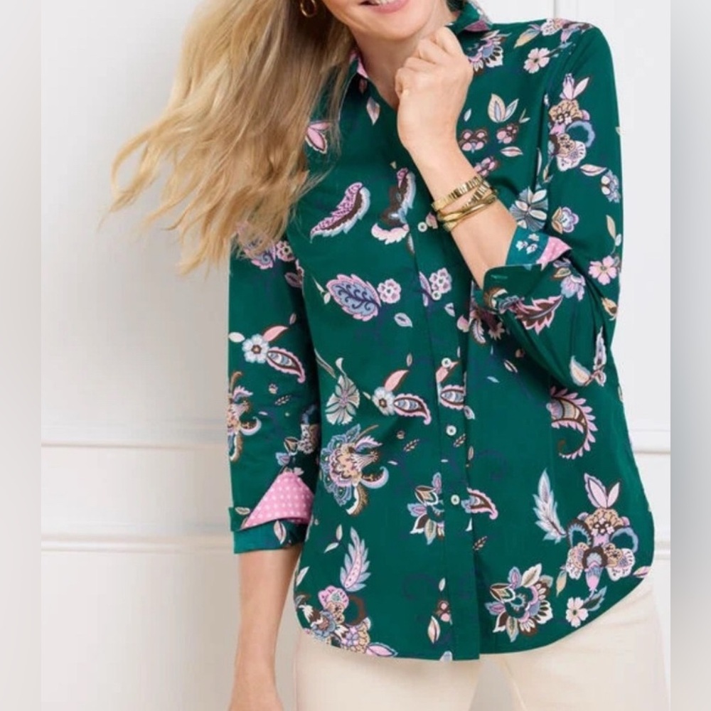 Talbot's Womens Ornate Jacobean Paisley Floral Cotton Modern Classic Shirt sz 2X